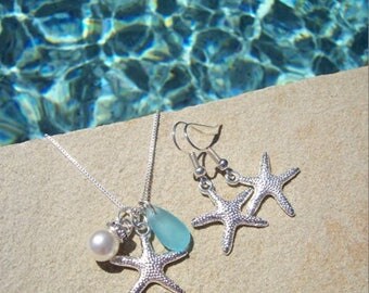 SEA GLASS JEWELRY set - Sea Glass Necklace, Sea Glass Jewelry, Blue Sea Glass Necklace, Starfish Necklace, Starfish Jewelry, Sea Glass