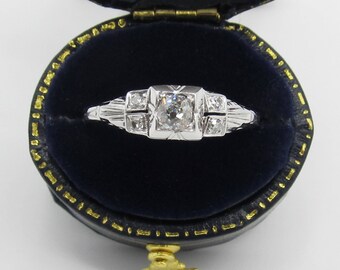 Antique Art Deco Engagement Ring 0.31ctw Diamond 18k White Gold/ Old Mine Cut Diamond/ Vintage Estate Jewelry