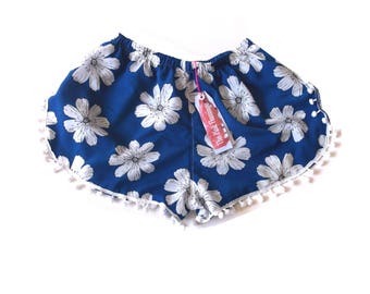 Blue and Orange Tropical Print Pom Pom shorts