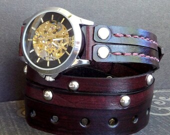 Mahogany Wrap Watch, Leather Watch, Steampunk watch, Men's Wrap watch, Gift, Mechanical Watch, Watch bracelet