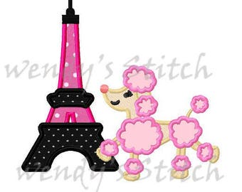 Eiffel tower poodle applique macine embroidery design instant download