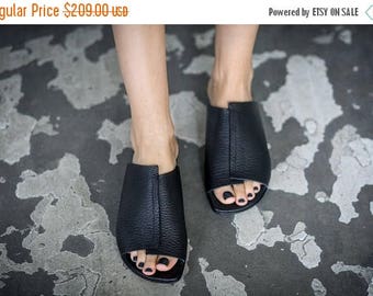 CIJ SALE Summer Flats, Black Leather Sandals, Handmade Sandals, Summer Shoes, Black Slide Sandals, Sabine
