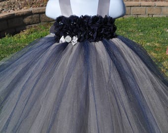 Gray Navy Flower Girl Dress, Infant Gray Navy Tulle Dress, Toddler Navy Gray Dress,Baby Grey Navy Special Occasion Dress