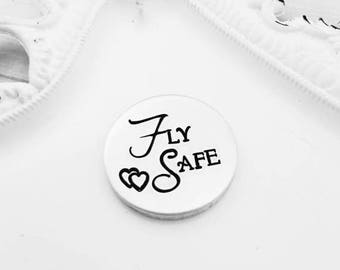 Fly safe pocket pebble - Hand Stamped coin - Custom pocket coin - pilot gift - flying safe coin