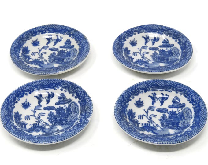 Occupied Japan Blue Transferware, Flo Blue, Ironstone Child's 3" Toy Plates / Made in Occupied Japan Blue Willow Toy Plates