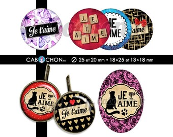 Je t'aime 2 • 60 Images Digitales RONDES 25 20 mm et OVALES 18x25 13x18 mm amour saint valentin etiquette noeud pois chat coeur papillon