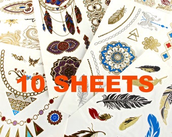 TATTOOS-Temporary Tattoo-Metallic Tattoos-Flash Tattoos-Party Tattoos-Boho Tatttoos-TATTOOS-Boho Tattoos-Bohemmian-Tribal Tattoos-10 SHEETS