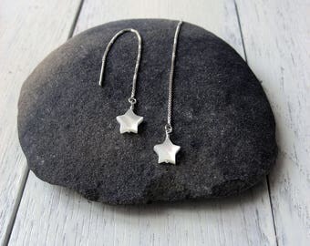 Star Threader Earrings, 925 Sterling Silver, White MOP Star Earrings, White Star Threaders, Modern Needle Threader, Long Chain Earrings