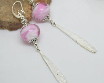 Pearl Earrings glass Lampwork Pink White Silver 925 earpins