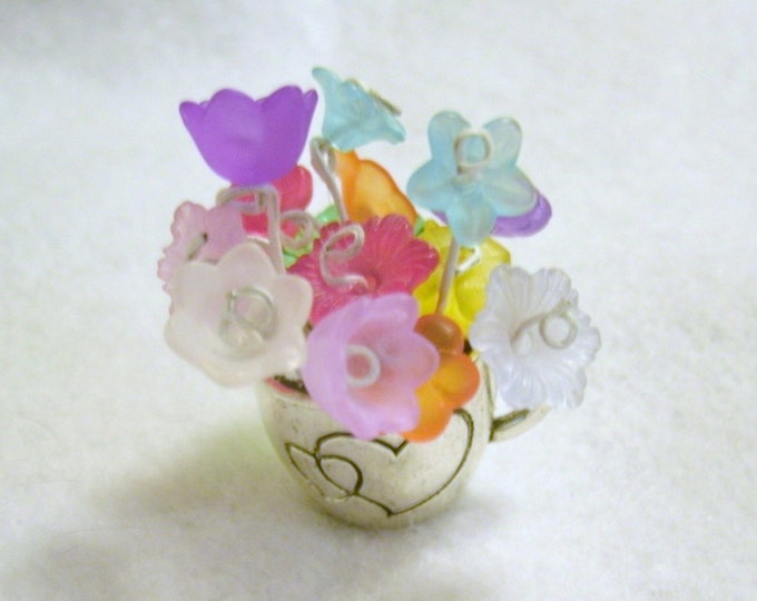 Miniature Cup O' Flowers-Dollhouse metal cups, flowers, tiny pewter cup no 2 the same, hearts on cup, mini home decor, made to order, OOAK