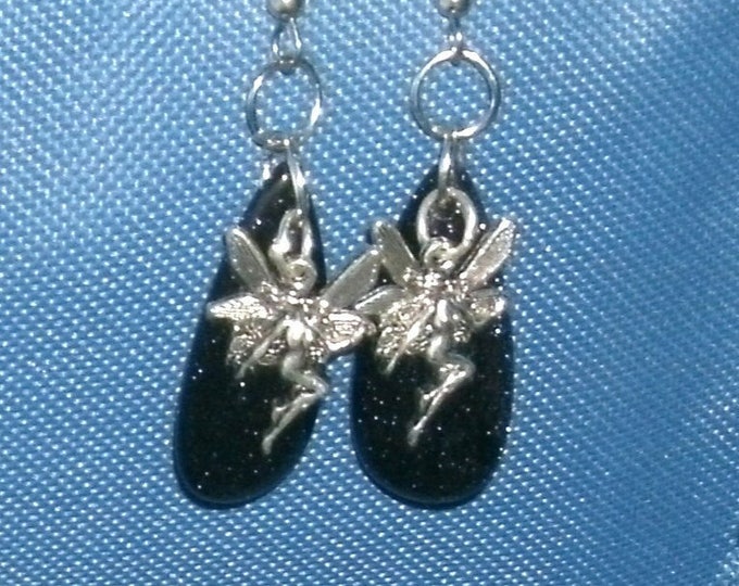 Fairy Earrings - handmade earrings, Silver fairies dangle with teardrop background of deep blue with silver bling like stars, fantasy