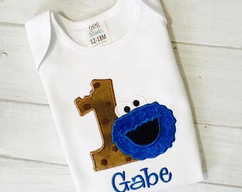 Cookie Monster 1st Birthday Embroidered Birthday Shirt or Bodysuit Boy or Girl Any Age