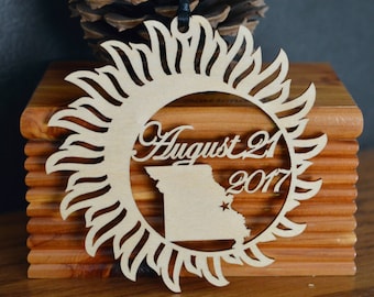 Missouri Solar Eclipse ornament wood cut decoration. Laser cut Total Solar Eclipse ornament Path of Totality through Missouri