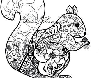 Squirrel Instant Download Colouring Page For Children And Adults Printable Wall Art Zentangle
