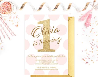 1st Birthday Invitation, Pink and Gold First Birthday Invitation, Girl Birthday Invitation, Kids Birthday Invitation, Gold Glitter Invite