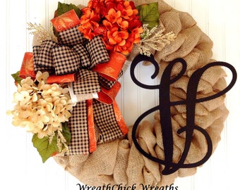 Halloween wreath, Fall burlap wreath, Burlap wreath, Autumn wreath, Fall hydrangea wreath, wreath with initial, Thanksgiving wreath, wreath