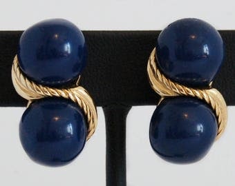 80's Givenchy Paris New York big navy blue balls & gold tone haute couture clip ons, disco fabulous 3D stacked designer statement earrings