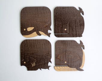 Whales Laser Cut Maple Wood Coaster (Black Stained) set of 4