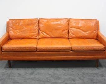 60's Orange Genuine Leather Orange Mid century sofa