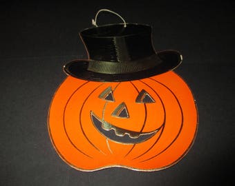 Vintage Halloween Pumpkin Die Cut, JOL with Top Hat, Gold Foil Trim, 1950's, Hanging Pumpkin