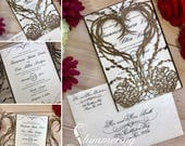 laser cut pinecone heart winter wedding invitation gatefold heart grapevine wreath and berries fall rustic forest