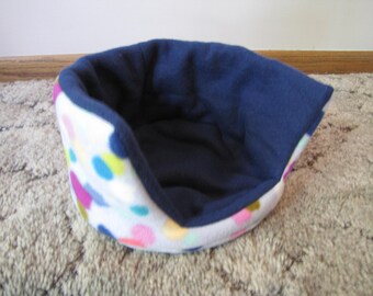 Reversible Fleece Cuddle Cup, Guinea Pig Bed, Ferret Bed, Hedgehog Bed, Rat Bed | Colorful Dot with Navy