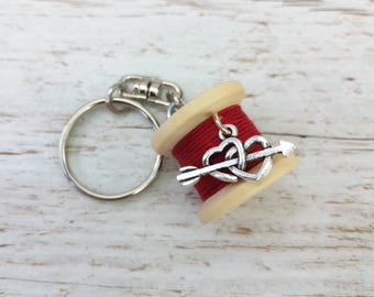 Cotton Anniversary Gift - 2nd Anniversary Cotton - Cotton Reel Keyring - Sewing Gifts - Keychain Charms - Keychain - Keyring - Heart Charm