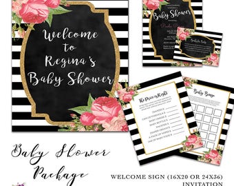 Baby Shower Invitation Package - Kate Spade Inspired - Welcome Sign - Baby Shower Games - Book Request - Black White Stripes - Pink Floral