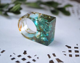 resin ring gift for her birthday gift womens gift boho ring moss ring clear ring green moss resin jewelry resin flower ring teen gift ideas