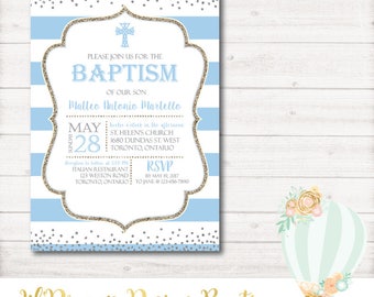 Baptism Invitation, Baby Blue, Glitter, Silver, christening, communion, religious, printable. digital, watercolor, confetti, PDF
