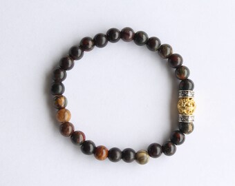 Men's Bracelet, Red Creek Jasper with Gold Bali Bead