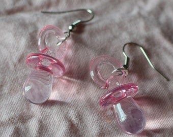 Babygirl pink binky earrings ~ transparent pink paci pacifier ddlg jewelry