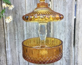Vintage Glass Bird Feeder, Amber Glass, Garden Decor,