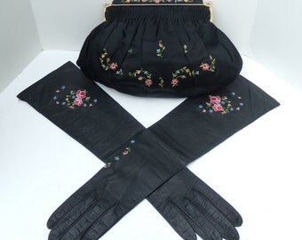 Aris Black Embroidered Kid Leather Gloves with Matching Black Satin Embroidered Purse