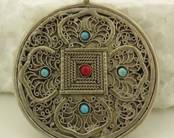 Vintage Sterling Silver Natural Turquoise & Red Coral Filigree 1 5/8" Medallion / Pendant.