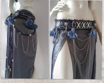 Tribal Fusion Belt, Black Leather Belt, Tribal Fusion Costume Belt, Tribal Belly Dance Belt, Blue Tassels Belt, Dark fusion Belt, Tassels