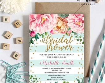 Black & White Stripe Gold Glitter Bridal Shower Invitation