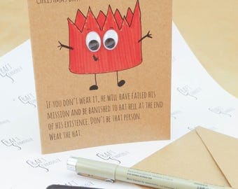 Funny Christmas card, Christmas hat, Kraft, Christmas, hand drawn, Xmas card, funny holiday card, funny Xmas card, paper hat, tissue hat