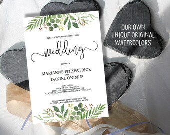 Greenery Wedding Invitation Template, Printable Rustic Wedding Invitation, Wedding Invitation Printable, Modern Greenery Wedding Invitation