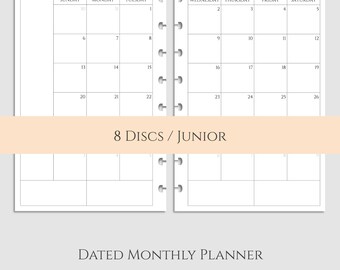 Dated Monthly Calendar Planner Inserts, 2017 & 2018 MO2P, Sunday-Saturday Layout ~ Half Size Discbound / Junior Arc (DHL-MSS)