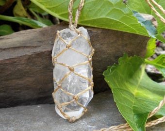 Clear Quartz Crystal Necklace // Raw Crystal // Macrame Wrapped Pendant // Master Healer // Reiki Healing Necklace