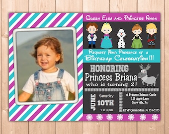 Frozen Invitation Printable with Photo, Personalized Elsa and Anna Birthday Party Invitation Girl Kids and Adults, Free Thank You Note