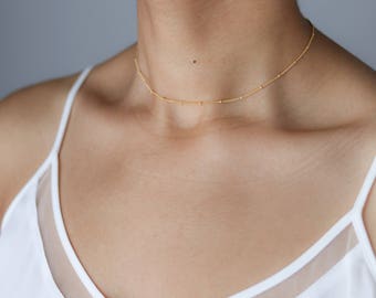 Dainty Beaded Satellite Chain Choker - Layering Choker Necklace - Delicate Gold Necklace - Dew Drop Necklace- Delicate Choker