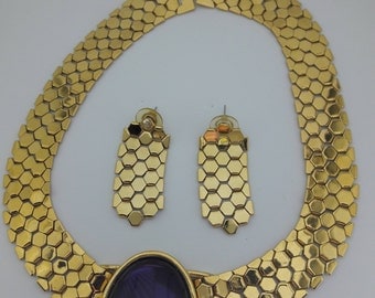 Purple Glass Cabochon Gold Plated Vintage Necklace and Pierced Earrings