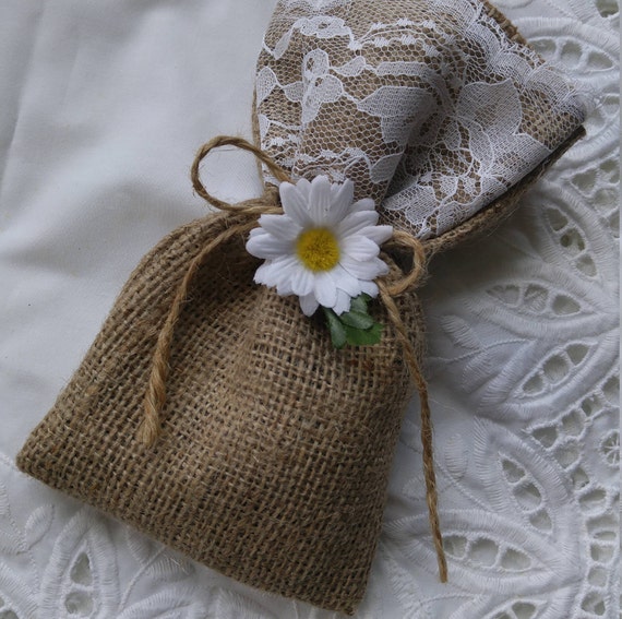 Burlap Sachet Daisy White Lace Mini Burlap Sack Wedding