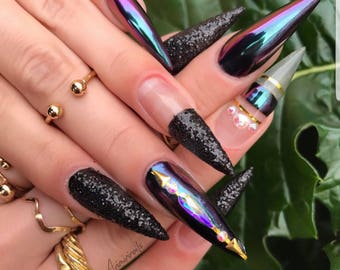 l *Beetle Juice* Fresh Tips l False Nail Set l Press-on l Green Purple Chrome Bling Gel l