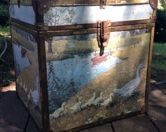 Vintage Wooden Box with Paper Decoupage of Ducks and Creek Scene - Metal Hinges - Shabby Chic Decor - Cottage Decor - Farmhouse Decor