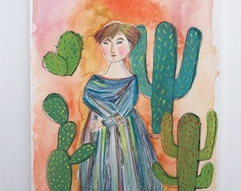 Cactus Queen. Original mixed media painting Original portrait Cactus art Original painting Woman Desert Home decor 9x12 Original art kmoeri
