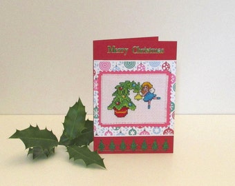 Merry Christmas Card, Handmade Cross Stitch Card, Xmas Greetings Card, Stitched Fairy Card, Xmas Tree Card, Embroidered Female Xmas Card