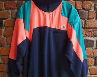 Men's 80s Navy Blue High Neck Sweatshirt Sweater With Turquoise And Orange Pink Fluorescent Shoulder Size XL X Large